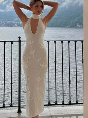 Meshki Ivory Halter Midi Dress with Floral Appliqué